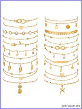 16 Pcs Boho Ankle Bracelets Set for Women Gold Alloy Plated Waterproof Stackable
